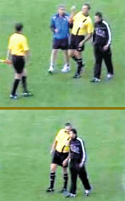 Арбитр ФИФА Сергей ШМОЛИК с трудом стоял на ногах. Во время матча ему помогли не упасть, но чуть позже судью не пожалели (AltFast.ru)