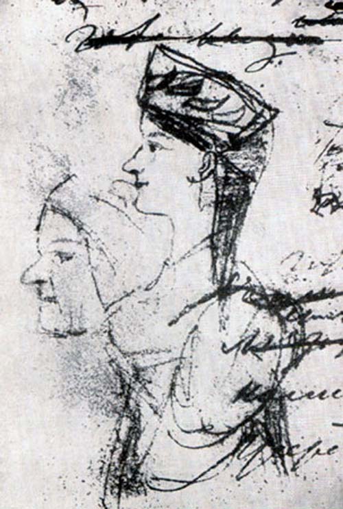 Рисунок А.С. Пушкина, предположительно изображающий Арину Родионовну в молодости и в старости (1828). Источник: wikipedia