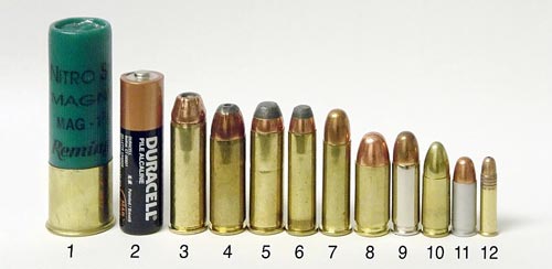 Различные пистолетные и револьверные патроны. № 12 — .22LR. Для сравнения приведены ружейный патрон 12-го калибра с гильзой длиной 76 мм (1) и элемент AA (2). Источник: wikipedia.org