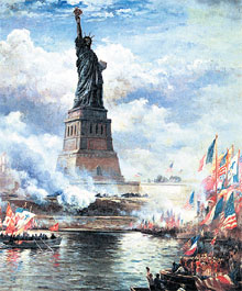 КАРТИНА ЭДВАРДА П. МОРАНА: художник считал, что «открытие статуи Свободы освещает весь мир. Но в США за подлинную свободу приходится боротся изо всех сил»